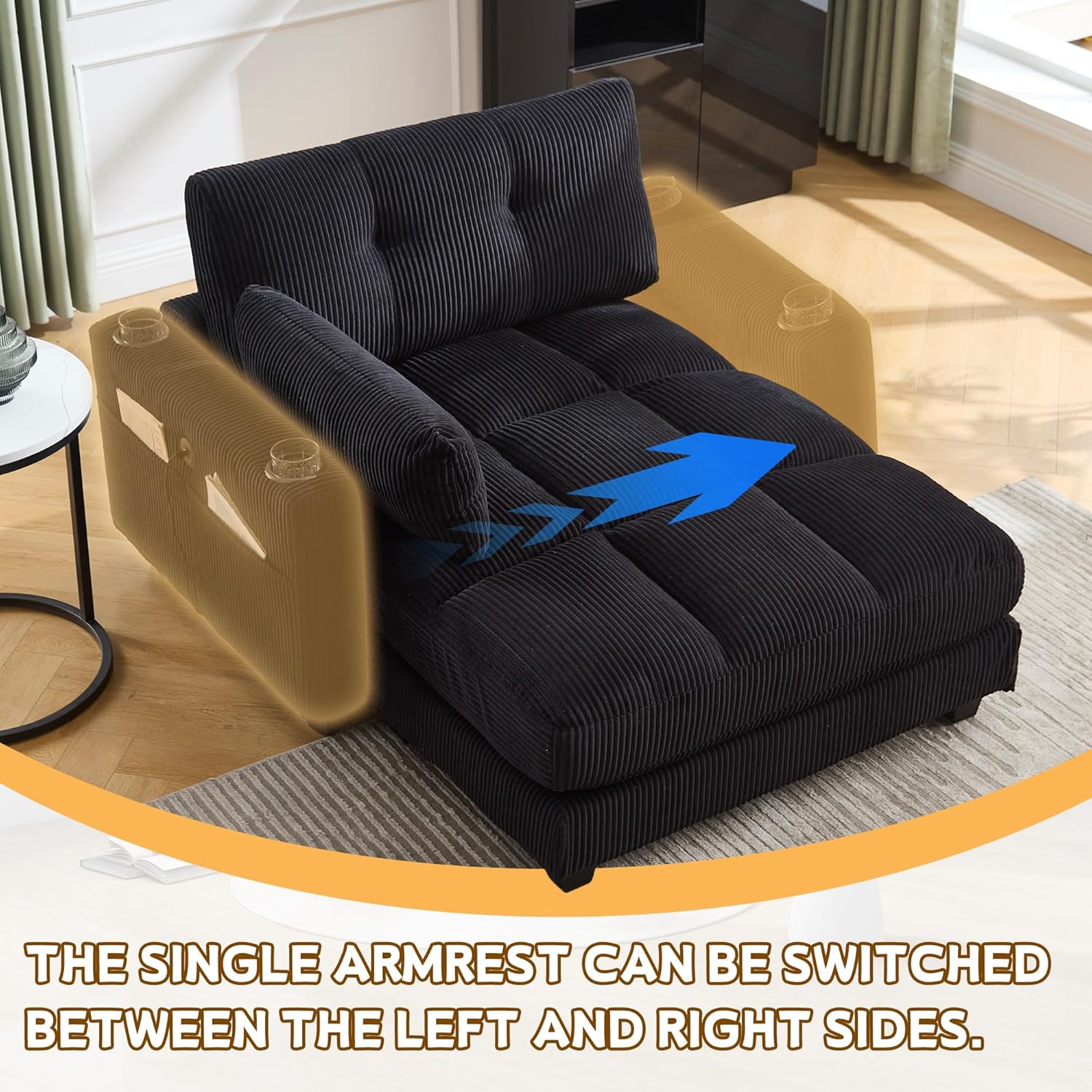 Oversized Lounge Chaise Convertible Sleeper Sofabed, Corduroy Sleeper Daybed Indoor Recliner Chair Sofa Bed with Cupholders and Adjustable Headrests for Living Room Bedroom Reading Home Apartment