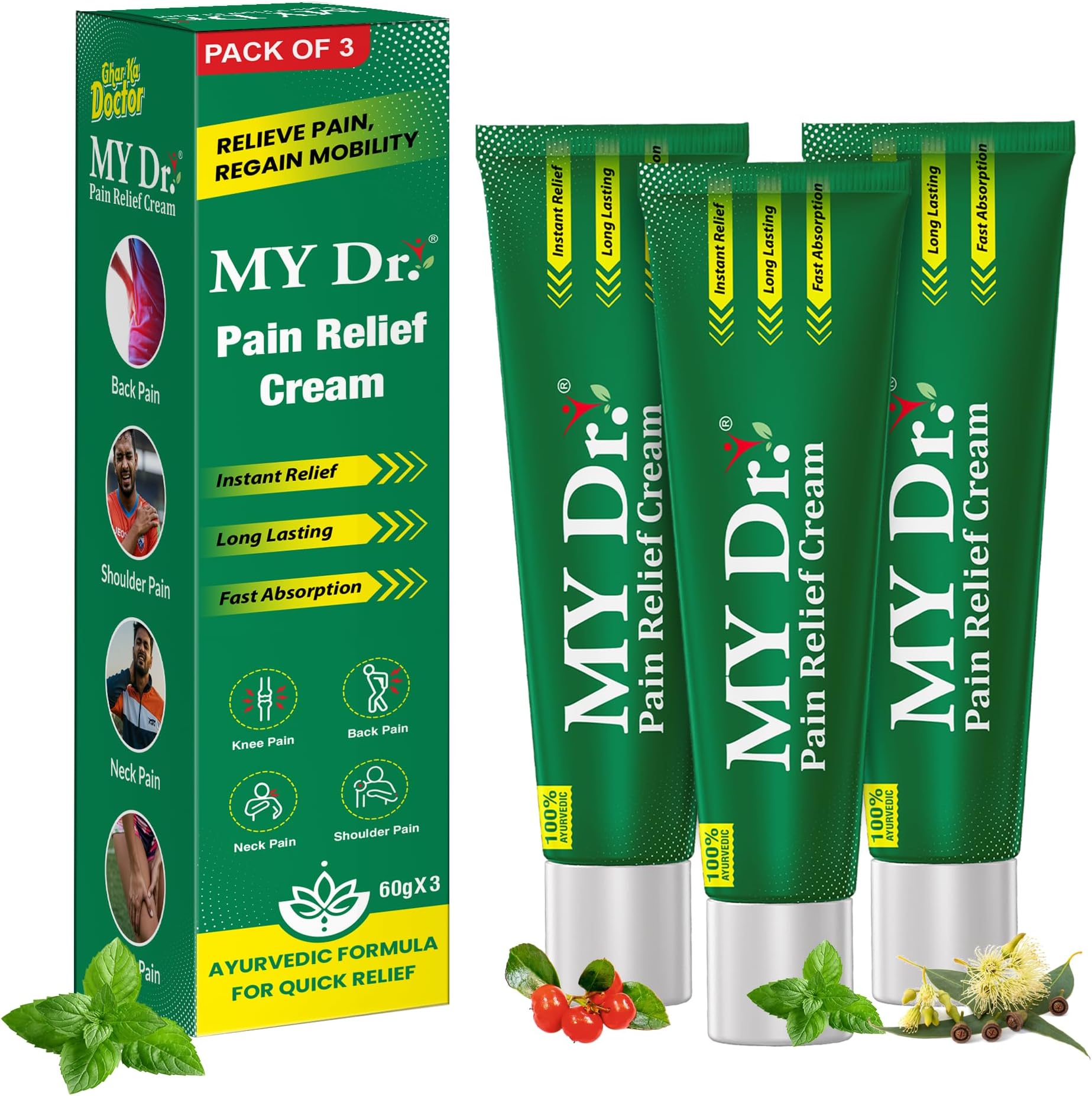 Relief Cream 60g (50g + 10g Free) - Pack of 4 - Relieves Back and Joint s - Non-Sticky, Stain-Free and Fast Absorption