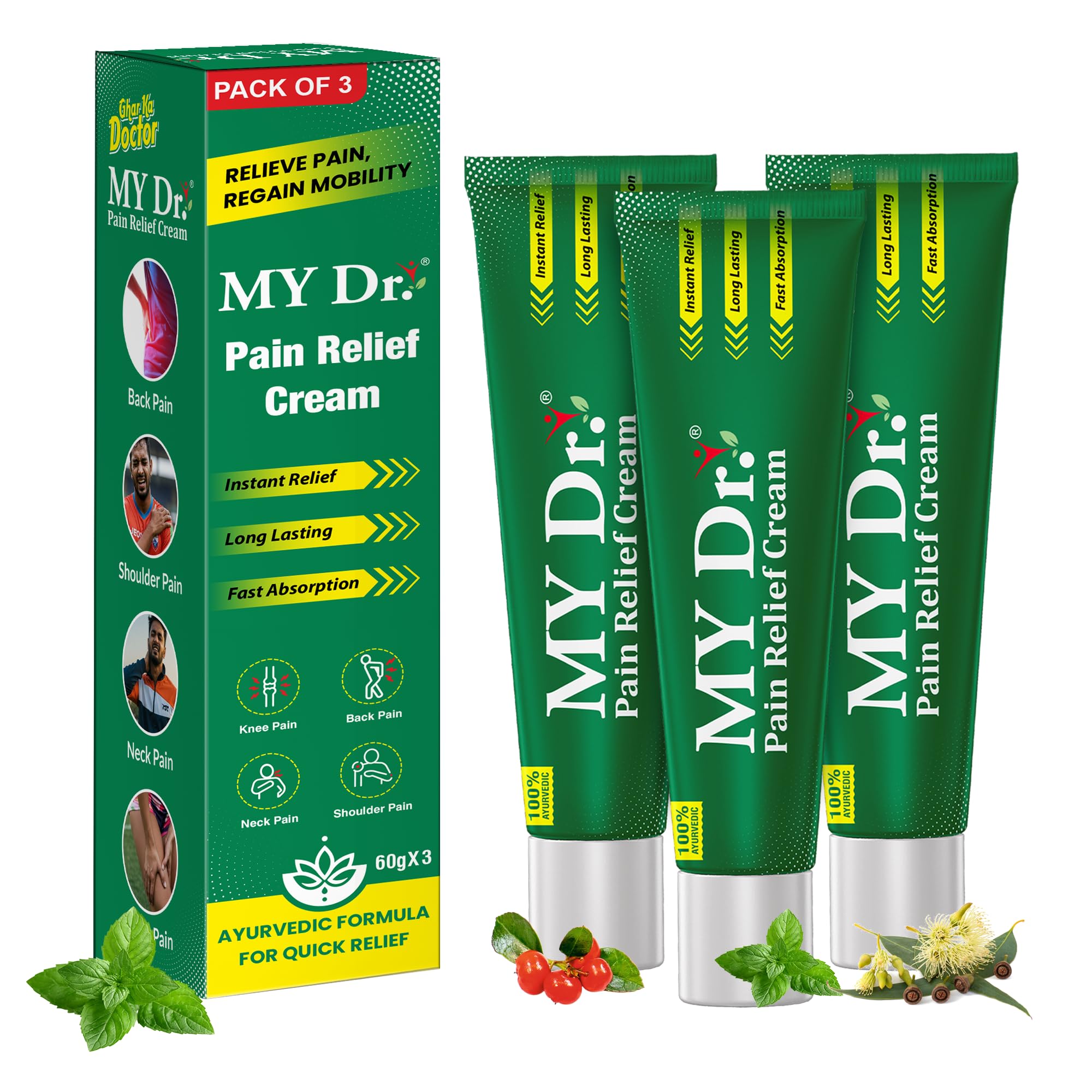 MY Dr. Pain Relief Cream | Instant Relief for Back, Knee, Neck, Shoulder & Muscle Pain |100% Ayurvedic, Non-Sticky, Fast Absorbing Pain Cream| Long-Lasting Comfort | 60g(50g+10g Free) (Pack of 3)