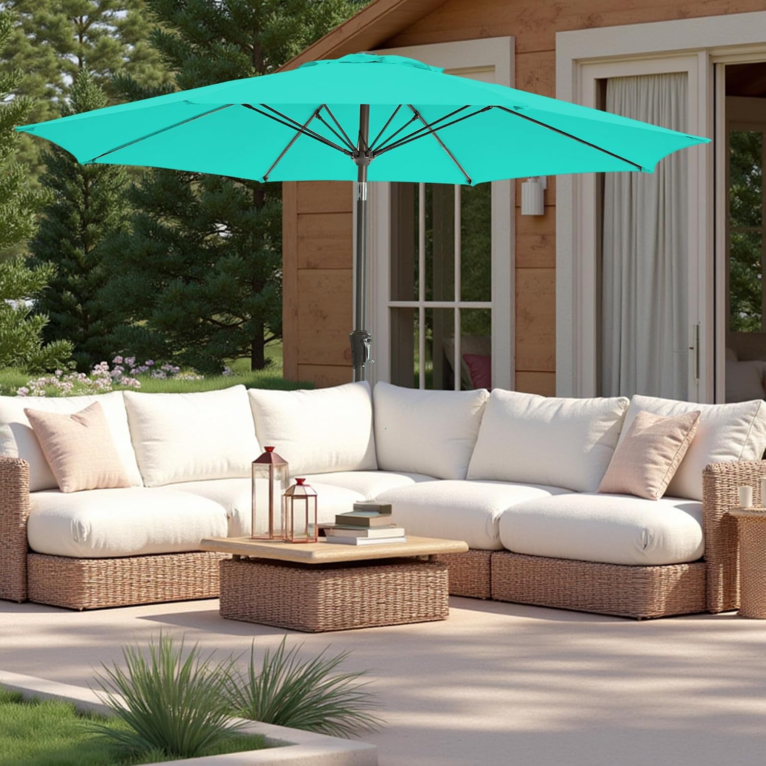 9FT 9FT Outdoor Patio Umbrella Outdoor pool Umbrella with Push Button Tilt and Crank, Market Umbrella 8 Sturdy Ribs UV Protection for Garden, Deck, Backyard (Turquoise)