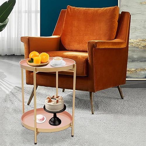 Miniatura 8 de GDNTMU Mesa auxiliar de 2 niveles mesa auxiliar redonda de metal para exteriores con bandeja extraíble pequeña mesa de acento plegable mesita de