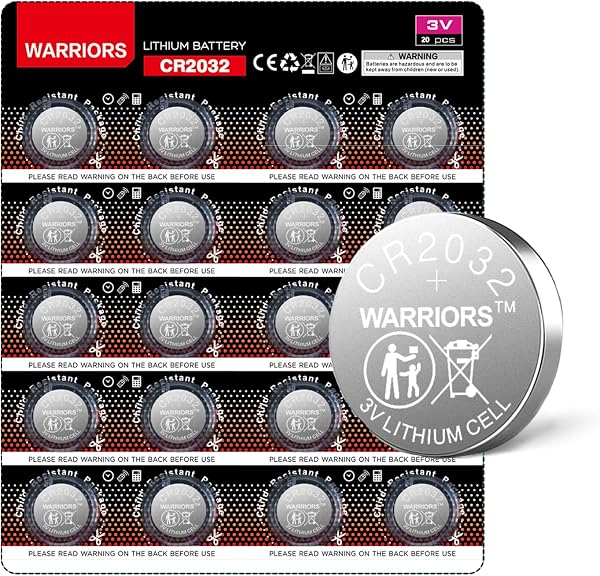 Warriors 20X CR2032 2032 Pilas de Litio de 3V Tipo Botón, Empaque Seguro para Niños, para Dispositivos Electrónicos y Llaves de Coche - 1