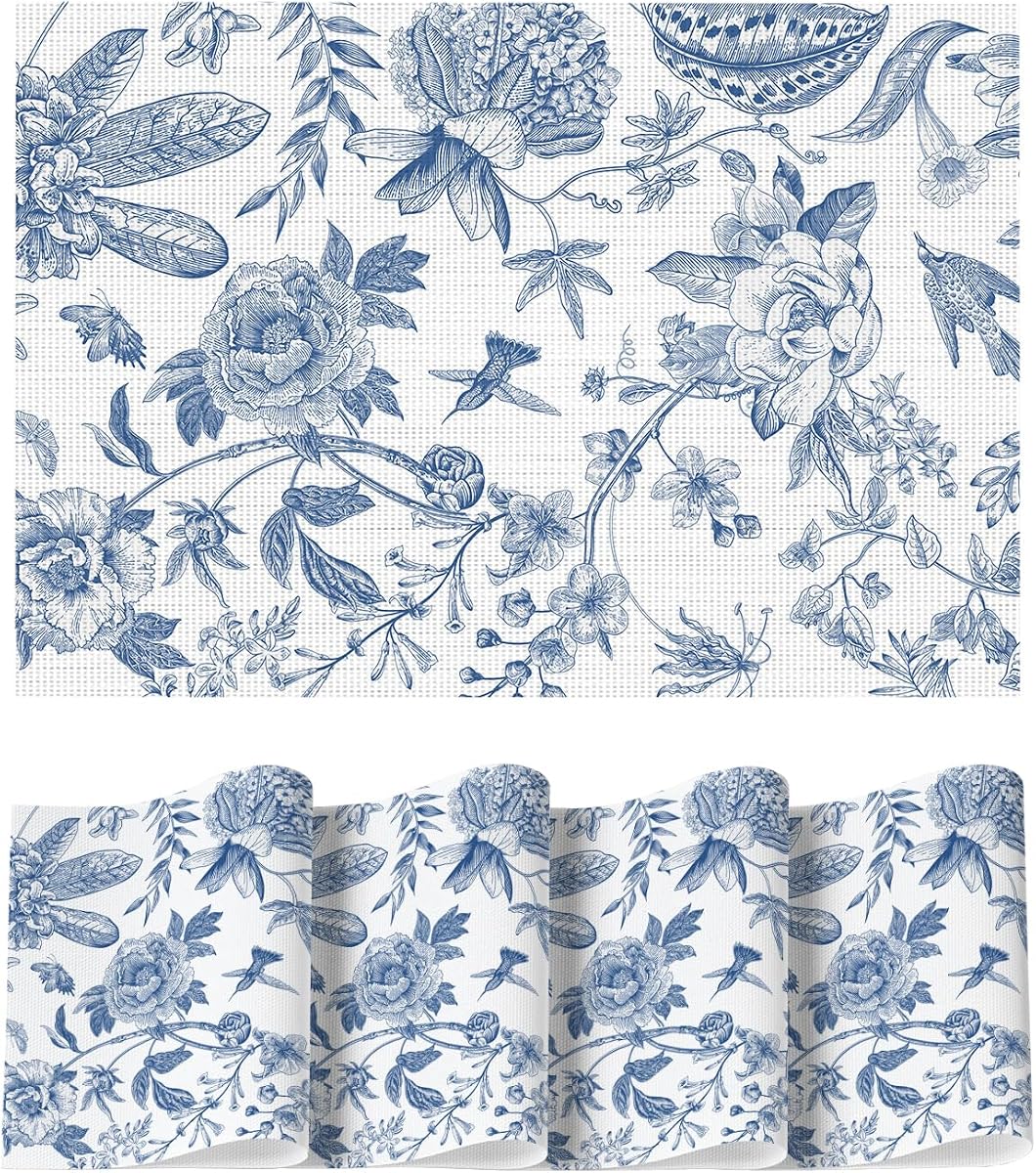 Artoid Mode Blue Floral Brids Spring Vinyl Placemats Set of 4, Washable Heat Resistant Non-Slip Woven Plastic PVC Place Mats for Farmhouse Holiday Party Dining Table Decor