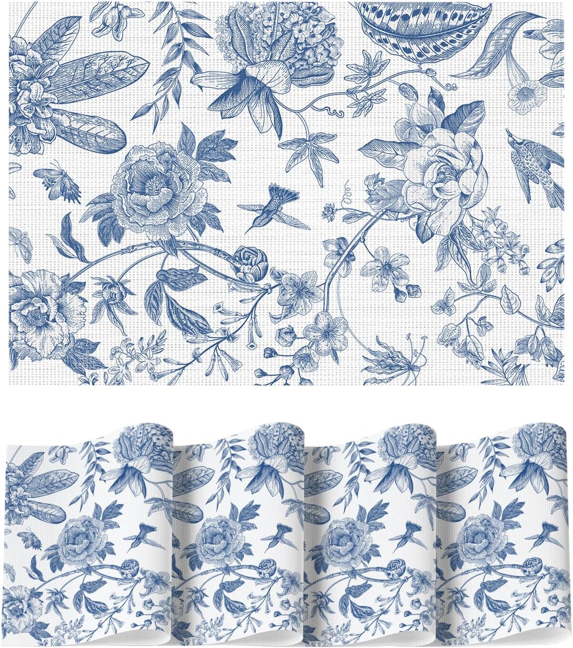 Artoid Mode Blue Floral Brids Spring Vinyl Placemats Set of 4, Washable Heat Resistant Non-Slip Woven Plastic PVC Place Mats for Farmhouse Holiday Party Dining Table Decor