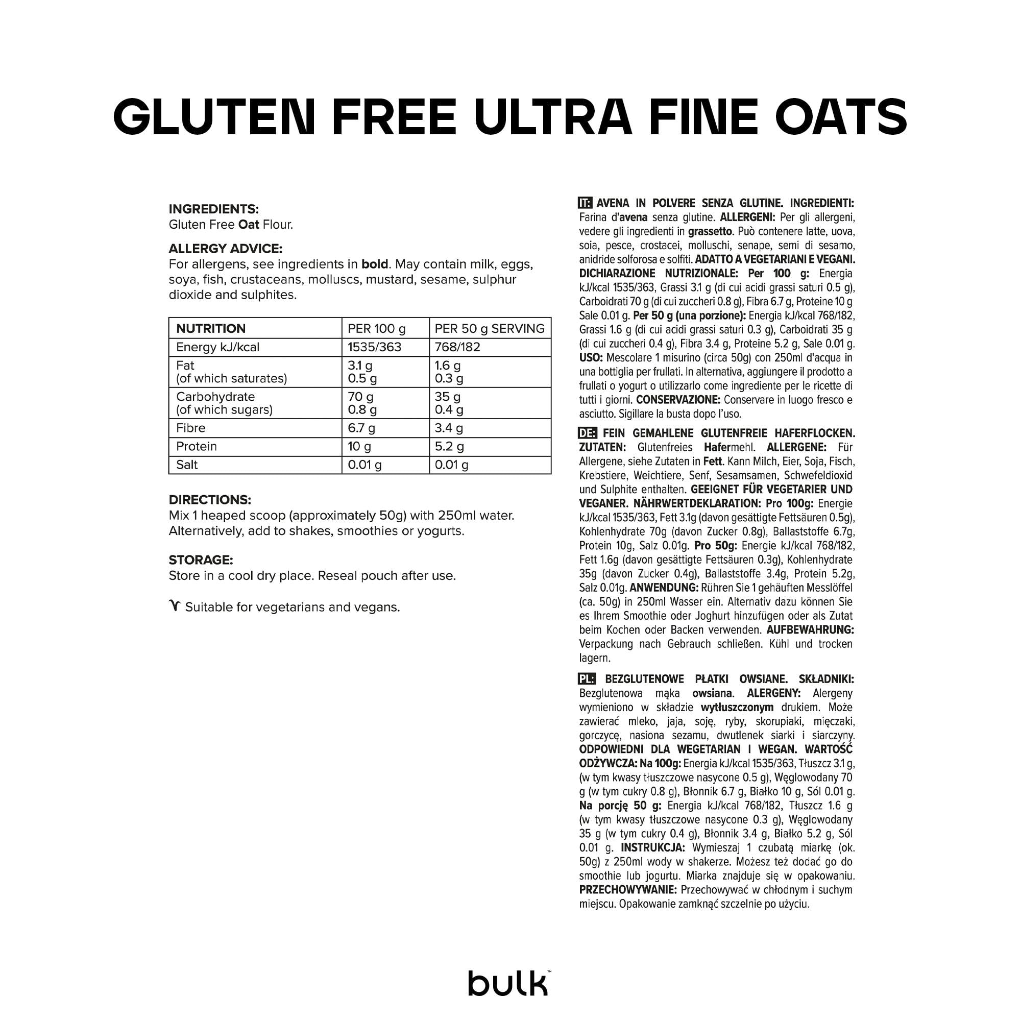 Harina de Avena Ultrafina Sin Gluten, 1kg, 20 Dosis