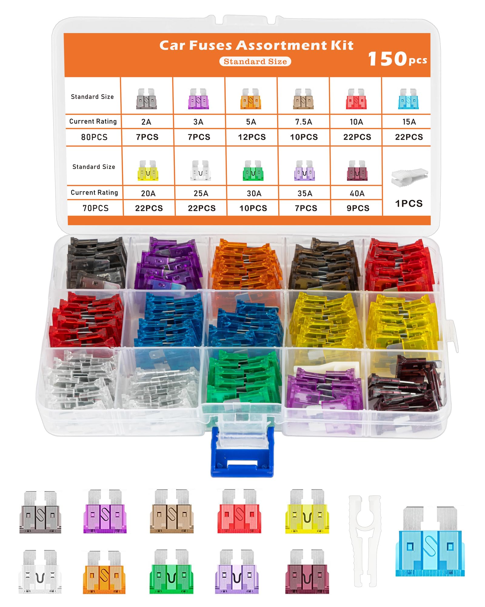Acual Autosicherungen Set Gemischt, 150 Stück Standard Flachsicherungen Auto Gemischt 2A 3A 5A 7.5A 10A 15A 20A 25A 30A 35A 40A, Kfz Sicherungen Set mit Sicherungszieher für PKW Motorrad LKW
