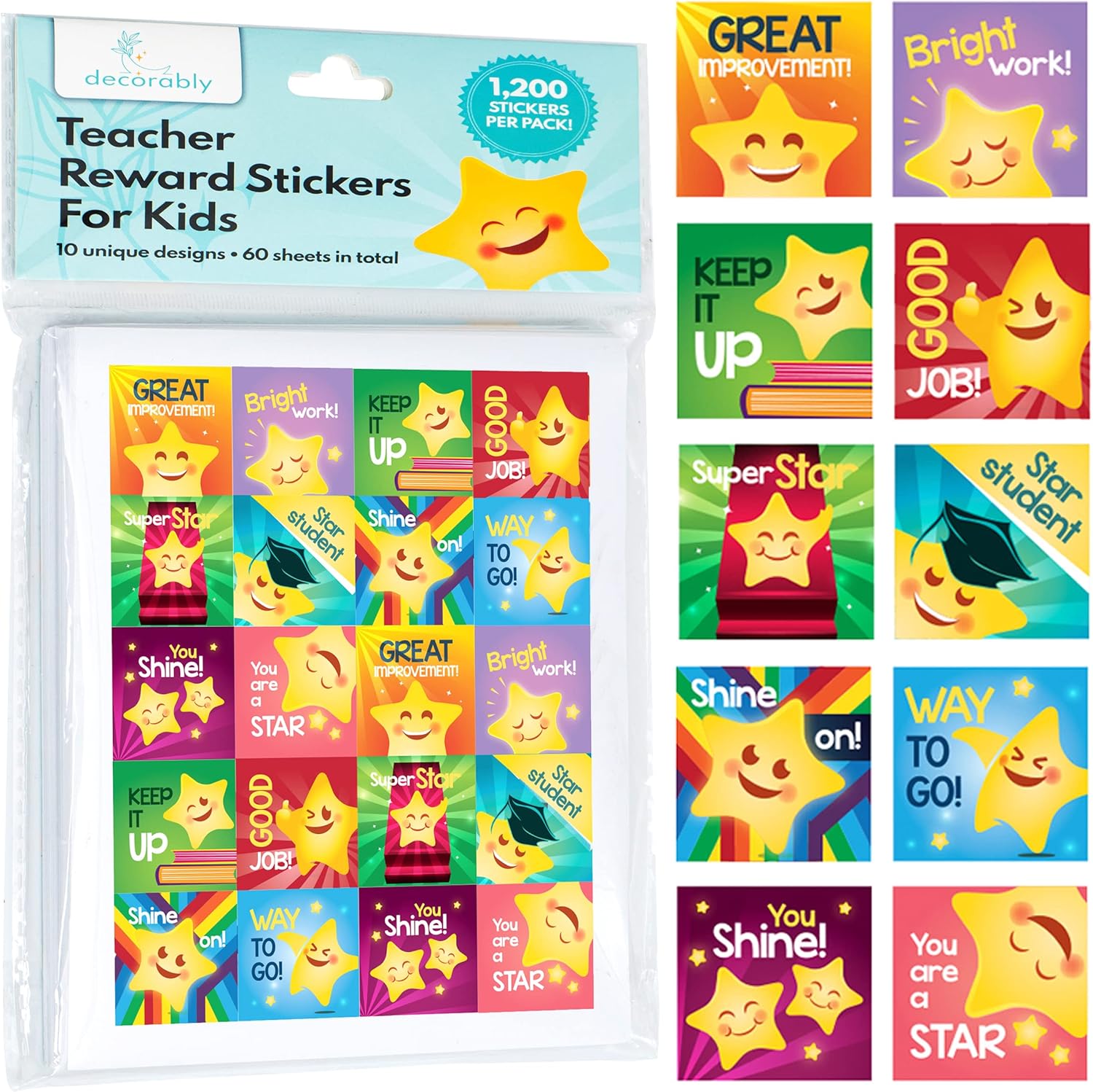 Buy Decorably 1200 Teacher Stickers for Students, 60 Sheets Reward