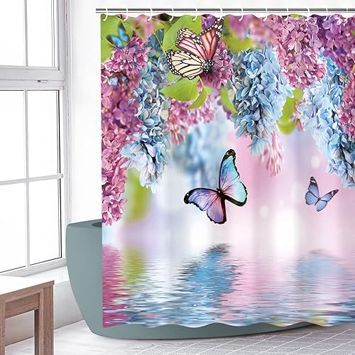 Miniatura 2 de LIVILIAN - Cortina de ducha de mariposa con ganchos, cortina de ducha floral en remolino, cortinas de ducha de mariposa para baño, lavable a