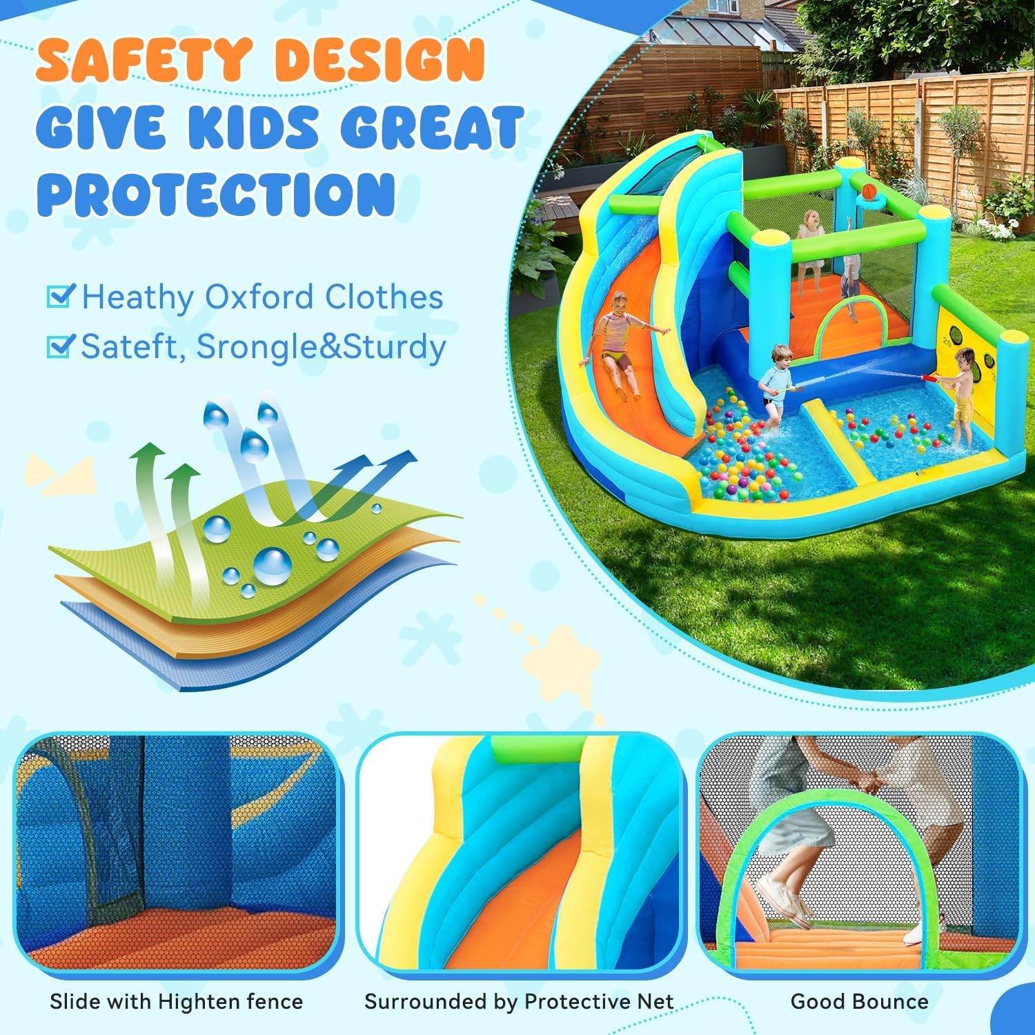 Parco acquatico gonfiabile con scivolo, spruzzatore, trampolino, piscina, parete da arrampicata e canestro da basket, include ventilatore d'aria, casa di rimbalzo all'aperto per bambini e bambini, può
