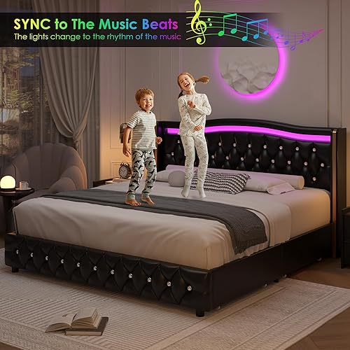 Miniatura 4 de HIFIT Base de cama con plataforma LED inteligente con 4 cajones de almacenamiento, cabecera con botones de cristal y ribete dorado inoxidable, marco