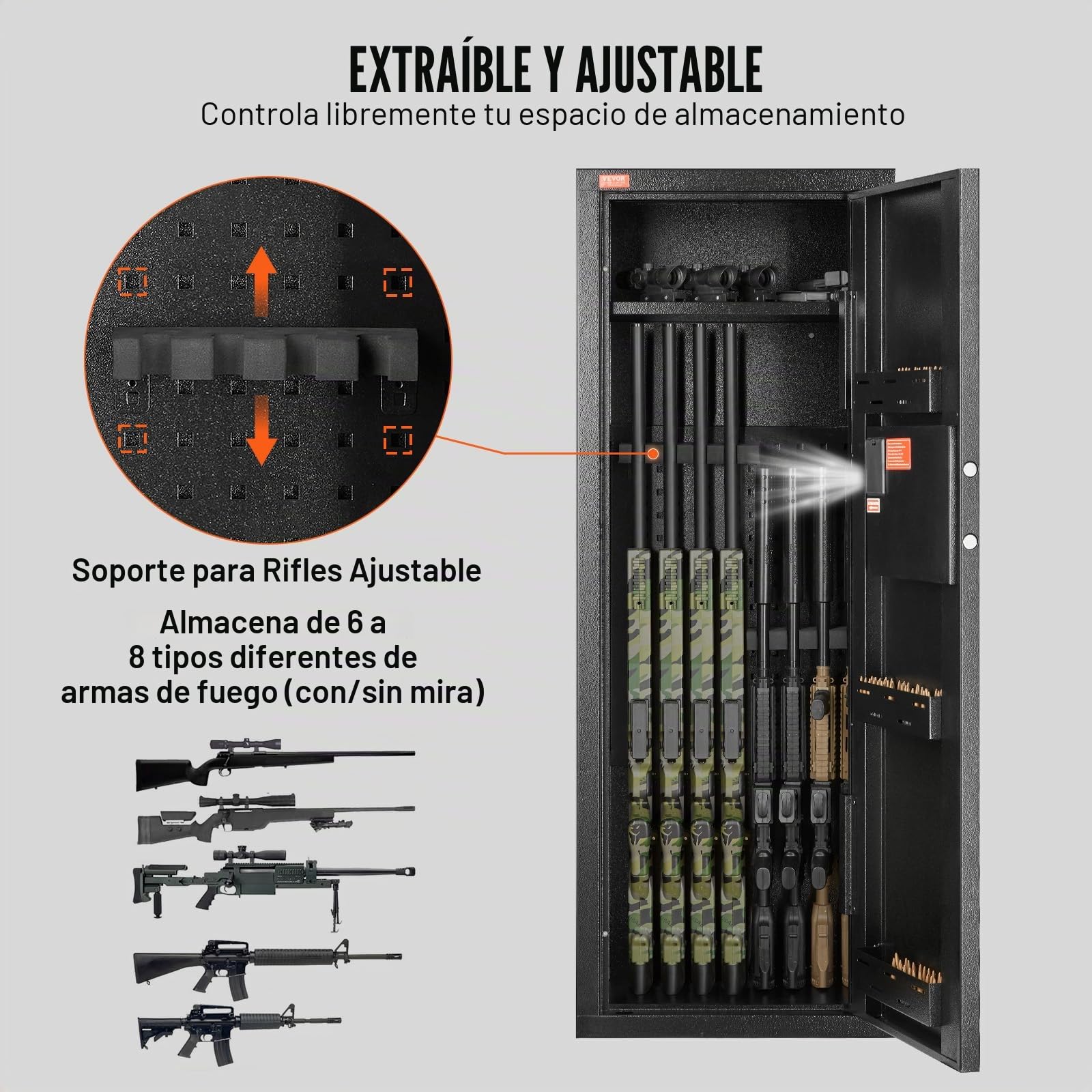 VEVOR Caja Fuerte para 6-8 Rifles con Cerradura y Teclado Digital Gabinete de Almacenamiento para Armas de Acceso Rápido con Estante Extraíble para Rifles y Escopetas para Hogar (Requiere Ensamblaje)