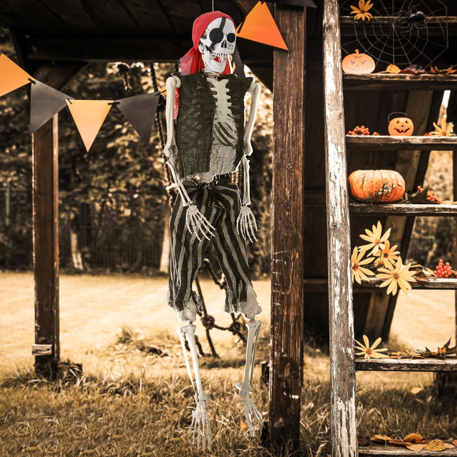 Dekoracje szkieletu na Halloween, 1,5 m szkielet piracki z ruchomymi możliwymi stawami, realistyczny straszny rekwizyt do dekoracji imprezowej, cmentarza, dekoracja nawiedzonego domu, 170 cm