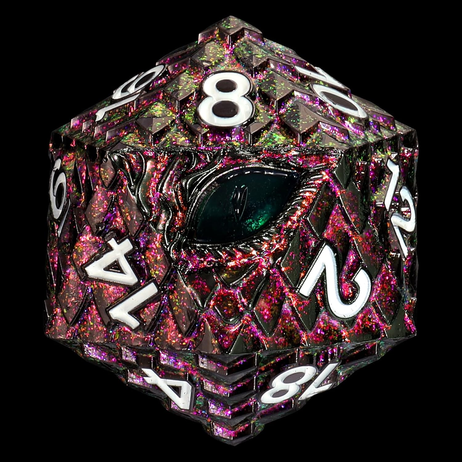 Dragon Eye Scale Metal Dice,33mm 20 Sided Giant D20, Large Polyhedral Dice, Metal Dice Set for TTRPG Tabletop Gaming,Dungeon Masters,RPG Adventures(Glitter Purple with Green Eye)