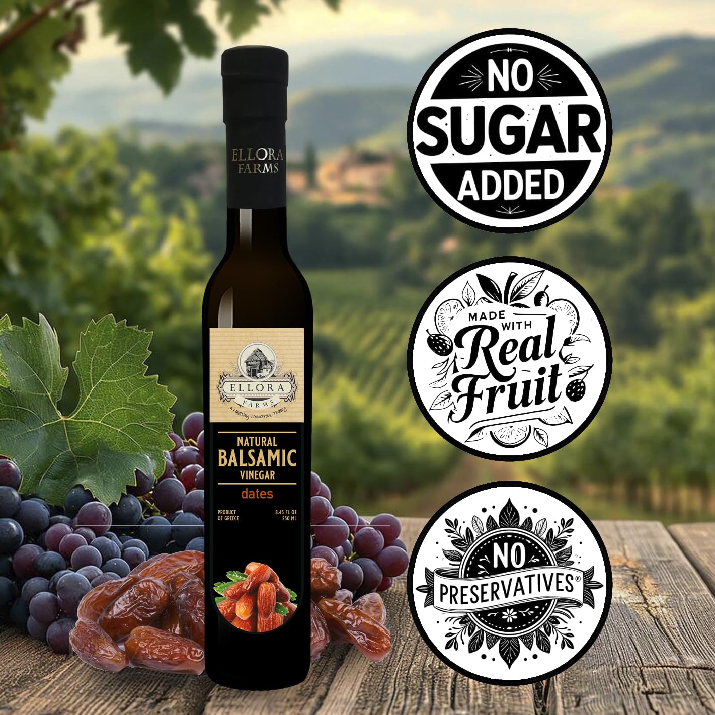 Ellora Farms, Combo Pack Dates and Peach Infused Balsamic Vinegar Creme, All-Natural, No- Additives, No-Added Sugars, Italian Dark Glass Bottles, Pack of 2