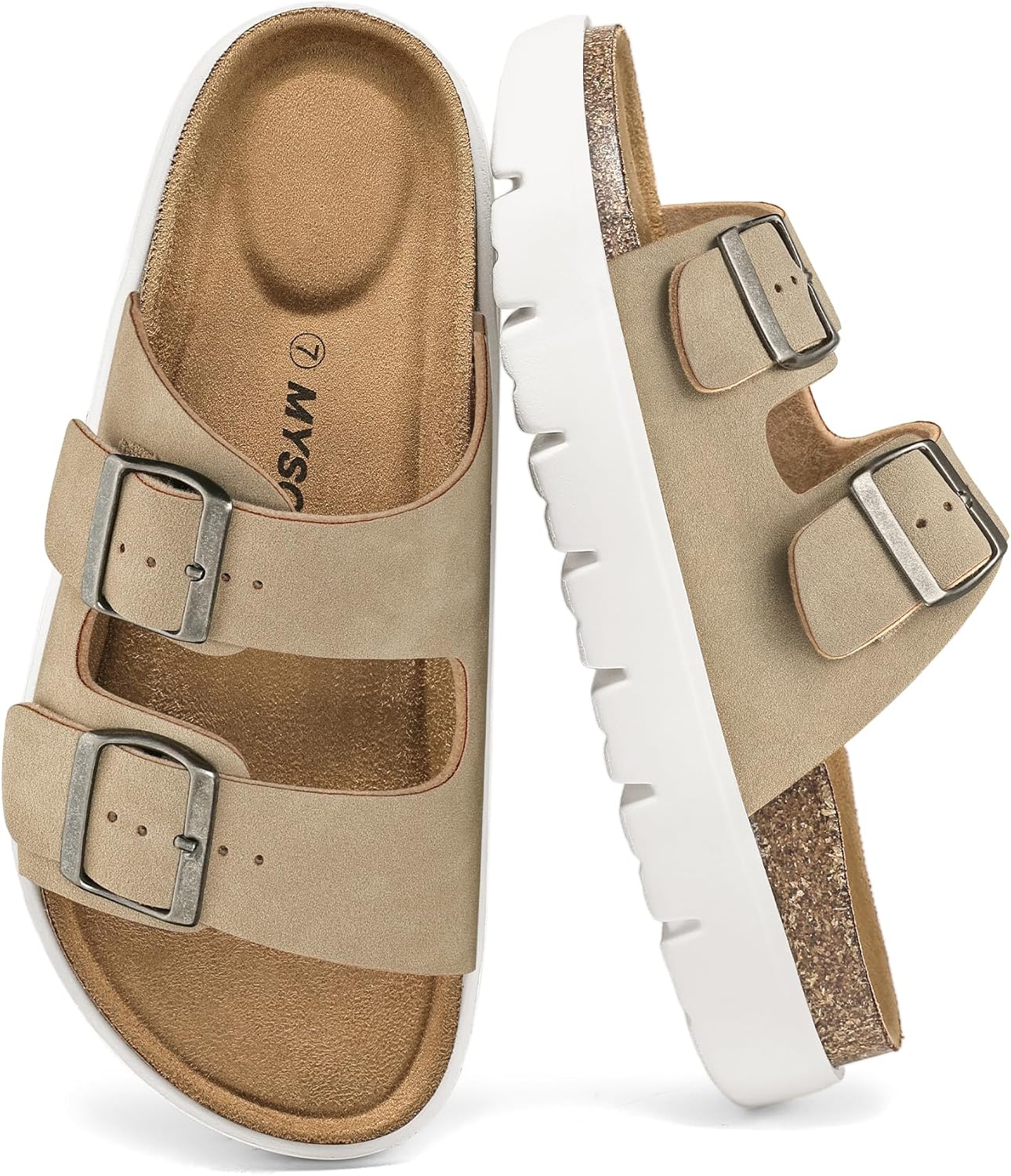 mysoft Women's Comfortable Arch Support Footbed Cork Wedge Sandals - Slip-On Platform Summer Slides with Adjustable Buckle