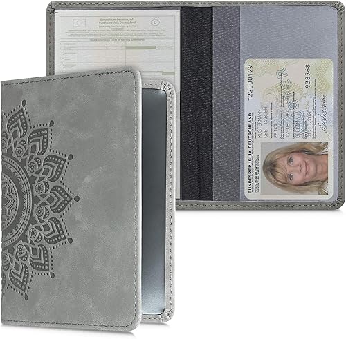 Miniatura 4 de kwmobile Soporte de registro y seguro - Soporte para documentos de coche para documentos y tarjetas de vehículos - Cuero PU con diseño - Gris