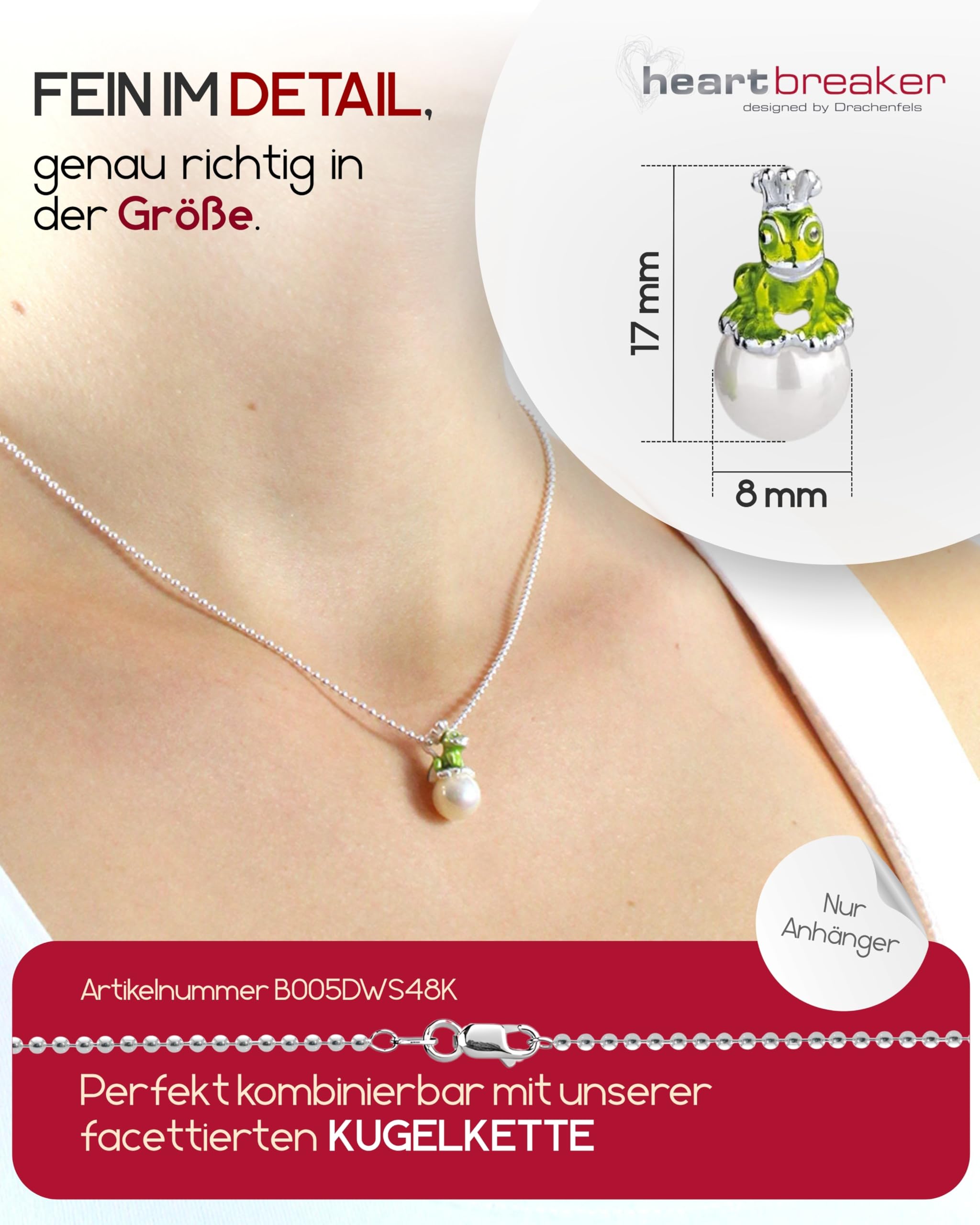 Heartbreaker "Froggy" Frosch-Anhänger I Edler Kettenanhänger aus 925 Sterling Silber I Nickelfreier Silber-Anhänger mit Muschelkernperle I In Goldschmiedequalität gefertigt I LD MN 38