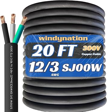 20 Feet 12/3 SJOOW Cable Cord 12 AWG 3 Conductor SO Wire - 12 Gauge 3 Conductor 12/3 Wire 300V Portable Power Extension Cable for Motor Leads, Portable Lights, Battery Chargers