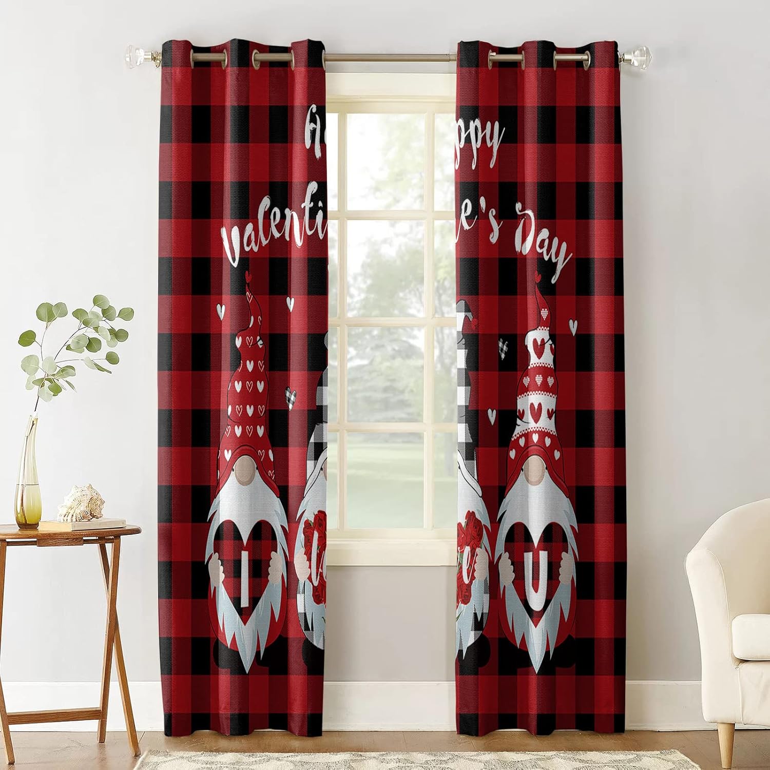 Blackout Curtains 39 inches Long 2 Panels Set, Valentine's Day Gnomes Black Red Buffalo Plaid Room Darkening Curtains Grommet Thermal Insulated Window Drapes for Living Room Bedroom Decor