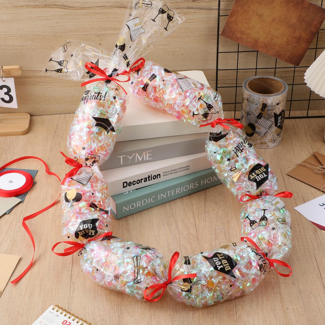2026 Graduation Candy Leis Kit, 98 ft Tubing with 2 Ribbons, Congrat Grads DIY Necklace Making Supplies Scissors for Class of 2026-5.3" Wide for Snacks and Money Leis