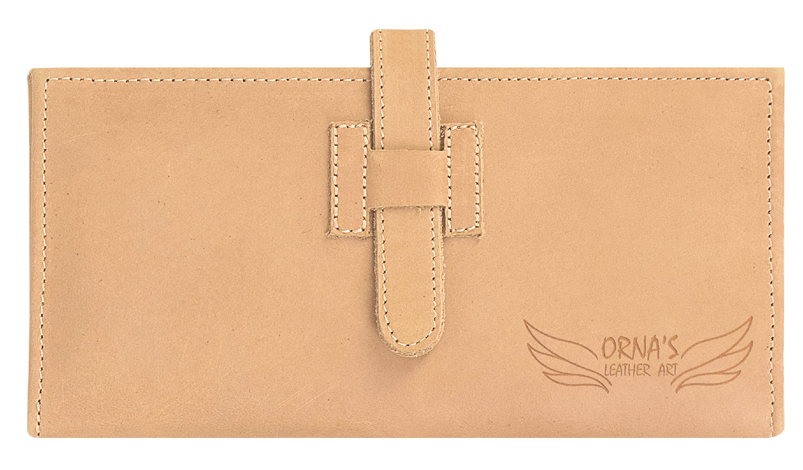 ORNA'S LEATHER ART GOLDFINCH SAND WALLET: Women’s Tan Billfold, Stylish, Handcrafted, Real Cowhide, Spacious, 18 Card Holders, 6 Money Pockets, Strap