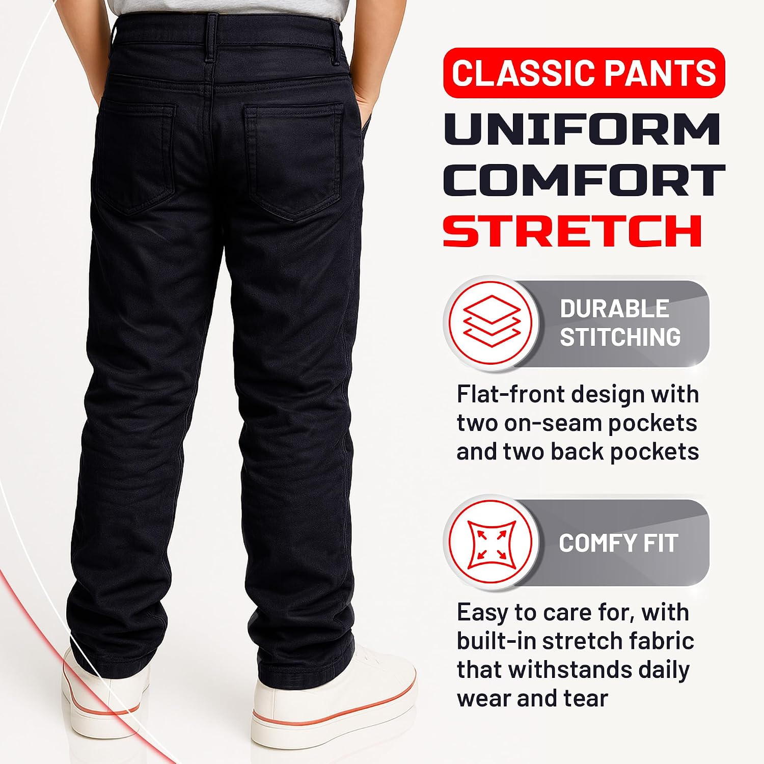 Access Boys’ School Uniform Pants, Stretch Flat-Front Slim Fit Dress Pants for Kids, Machine Washable Everyday Schoolwear