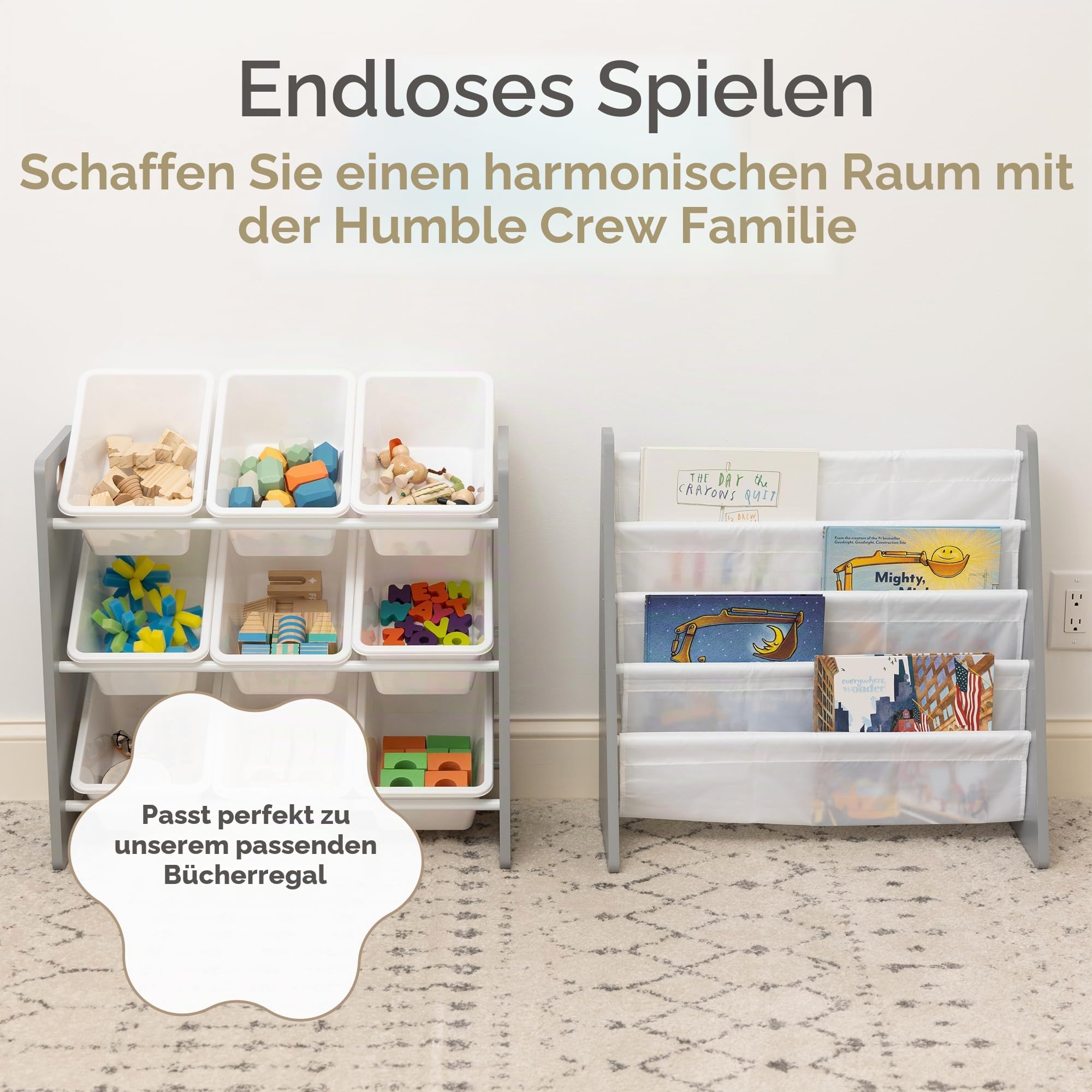 Humble Crew Kinderregal – Spielzeugregal mit 9 Aufbewahrungsboxen, Aufbewahrungsregal für Kinderzimmer, Grau/Weiß