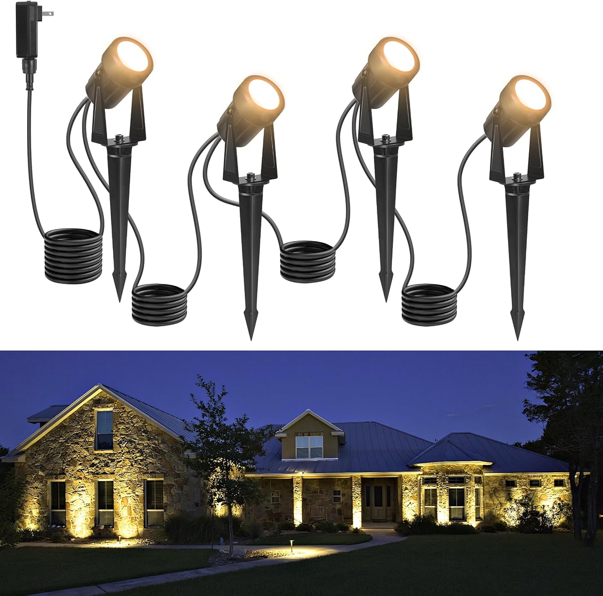 Iluminación de paisaje al aire libre impermeable con cable de 45.9 pies y luz LED incorporada, bajo voltaje 12 W 1200 lm enchufe eléctrico LED Spot Light 3000 K Uplight con transformador para jardín patio árbol camino, paquete de 4