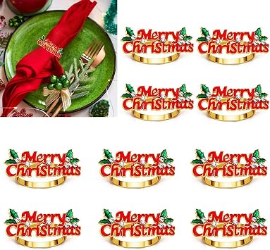 10 Pieces Christmas Napkin Ring Holders for Holiday Xmas Thanksgiving Home Dinner Table Decor Merry Christmas