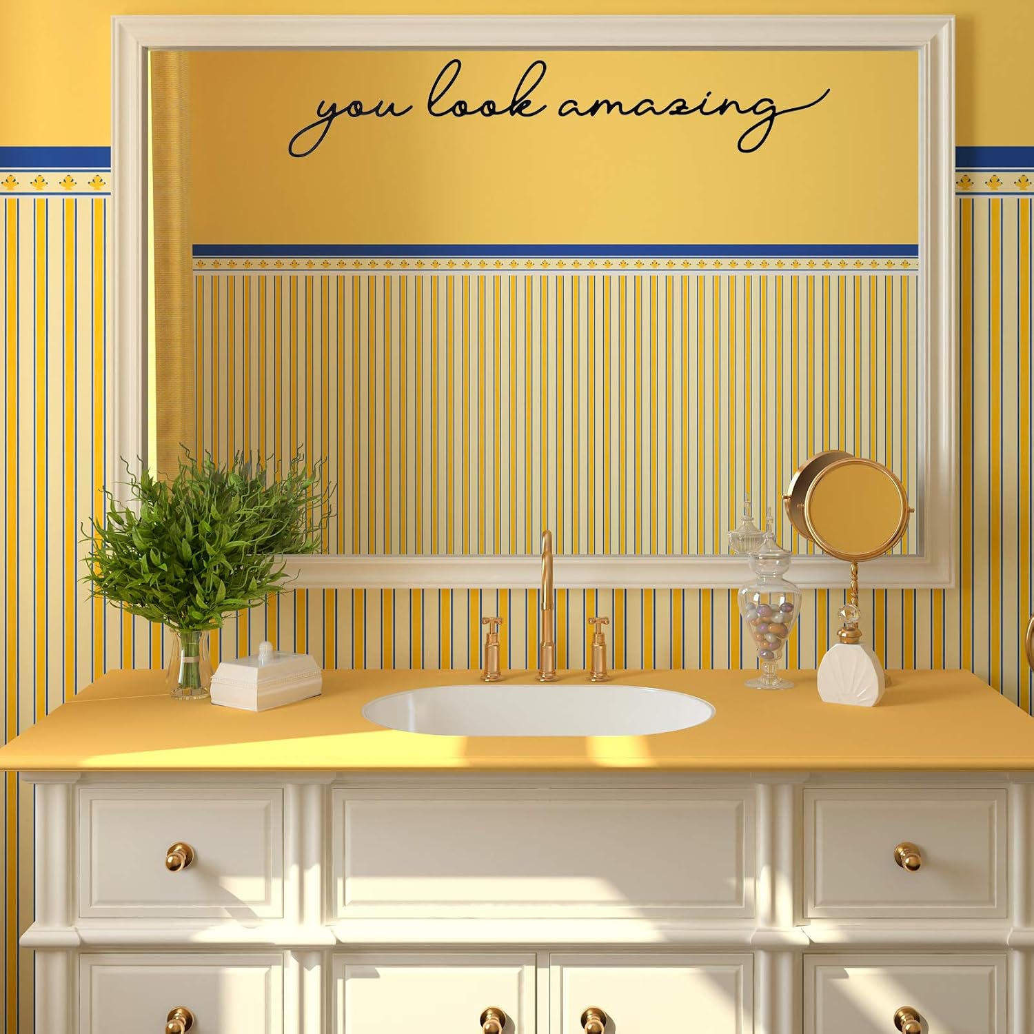 4 Pieces Quote Mirror Decals Set Hello Beautiful Decal Hello Gorgeous Mirror Sticker You Look Amazing Mirror Decals Door Greeting Vinyl Stickers for Mirror Bathroom Home Decor (Black)