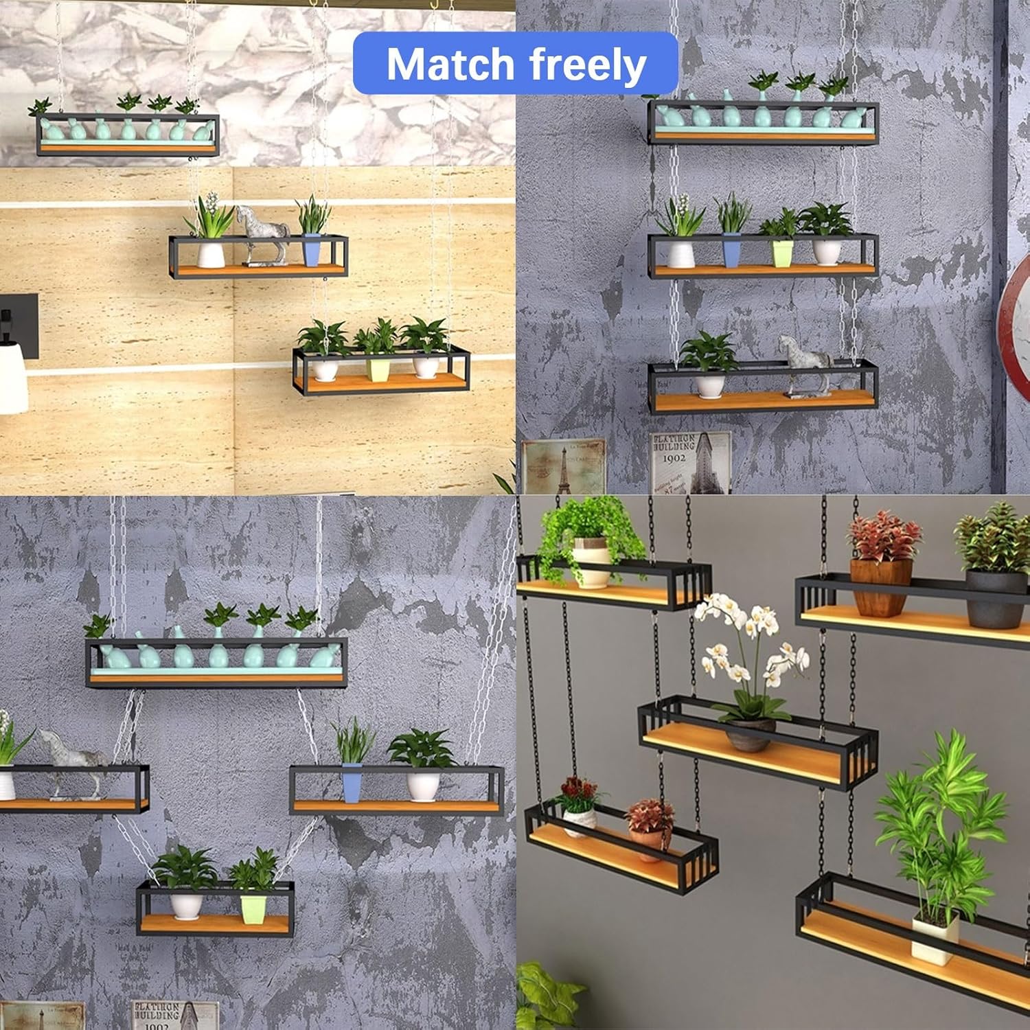 Ceiling Hanging Plant Display Shelves - 1m Iron Chain, Wooden Base, Perfect for Balcony & Flower Shop - Stora Rack for Pots & Flowers, 100x25x1 cm