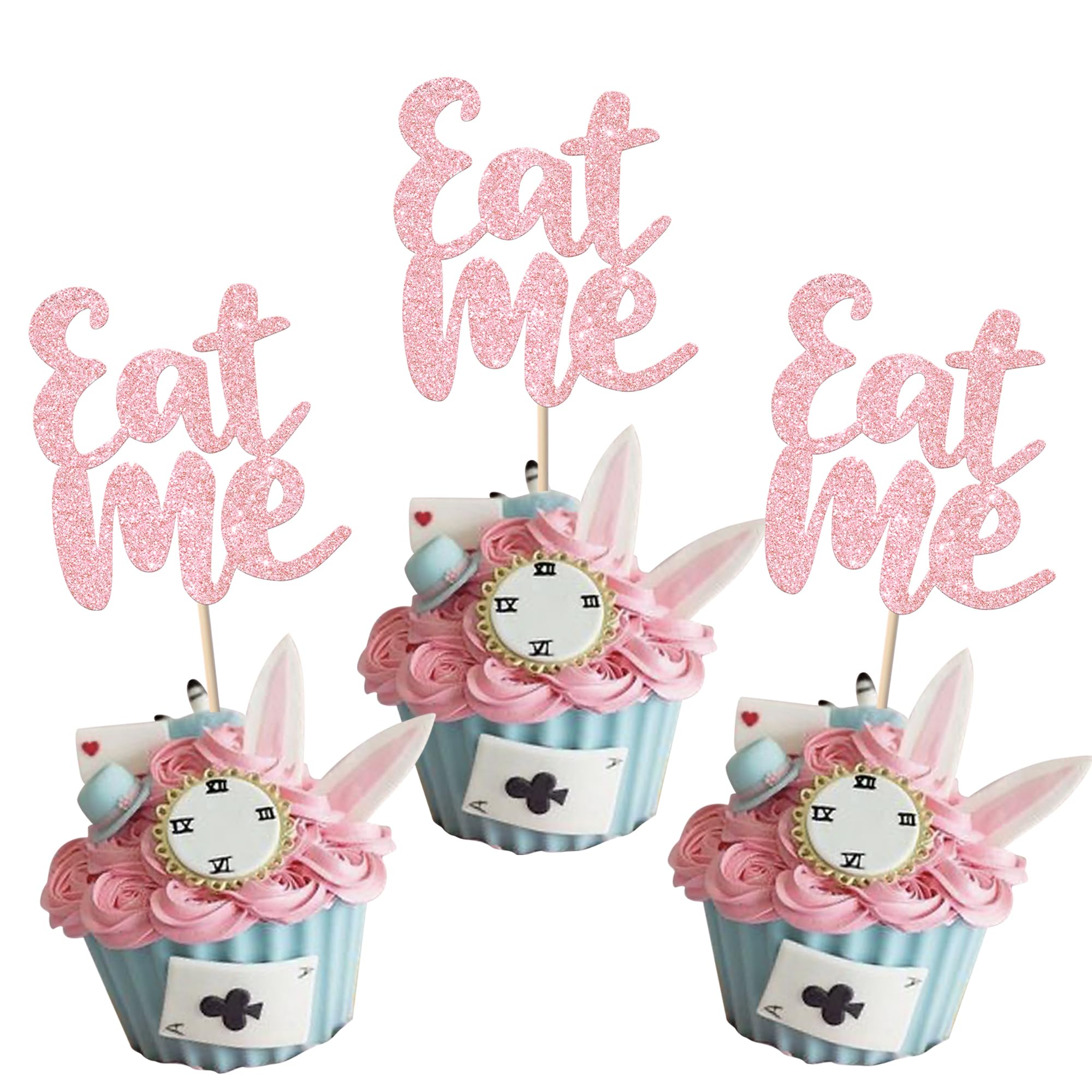 Xsstarmi 24 Pack Eat Me Cupcake Toppers Glitter Try Me Take One Cupcake Picks Wonderland Tea Party Cake Decorations for Alice Theme Baby Shower Kids Boys Girls Birthday Party Supplies Pink