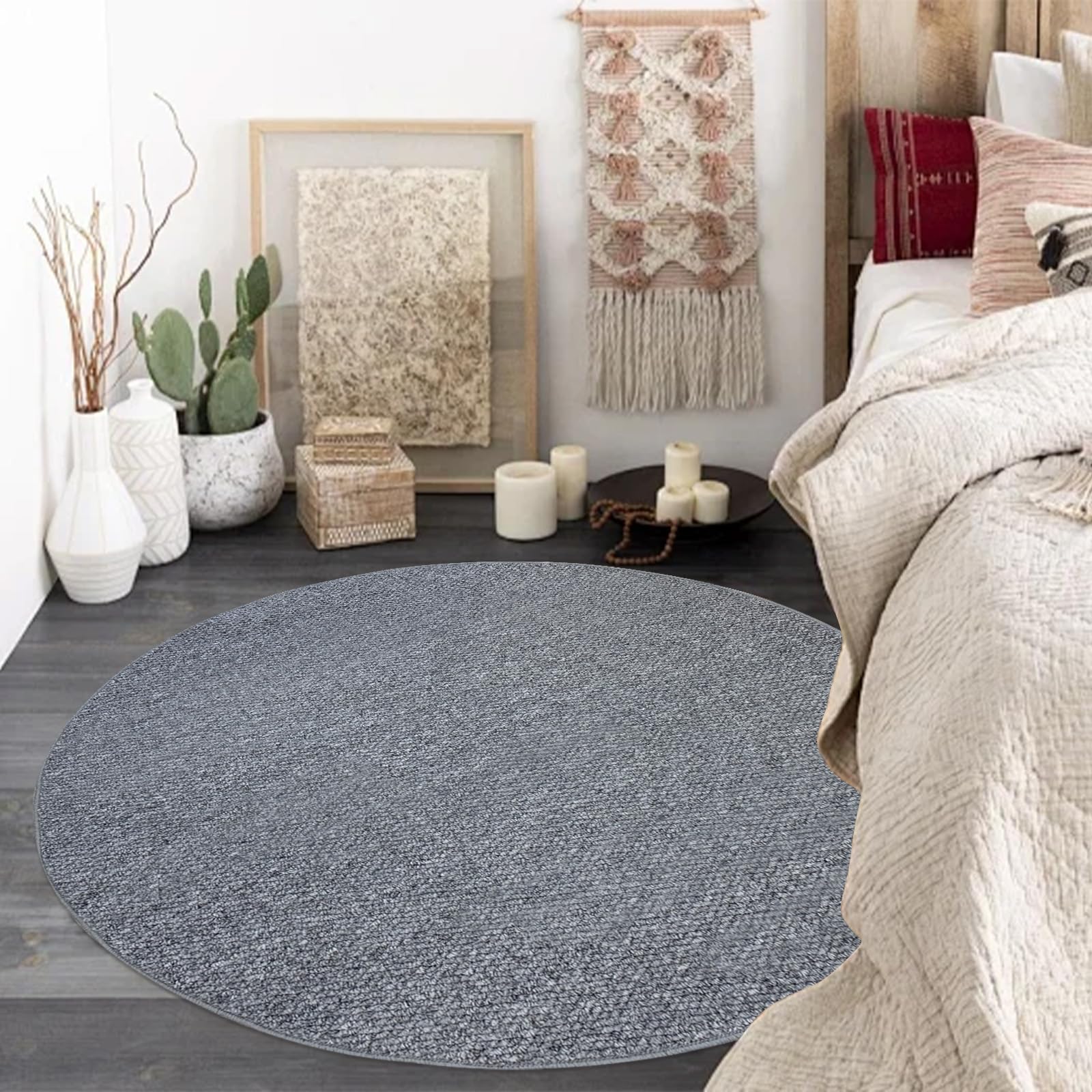 USTIDE Grey Round Faux Sisal Rug Bedroom Living Room Area Rug Farmhouse Chunky Textured Woven Rug,Indoor Outdoor Rug,100cm - Image 3