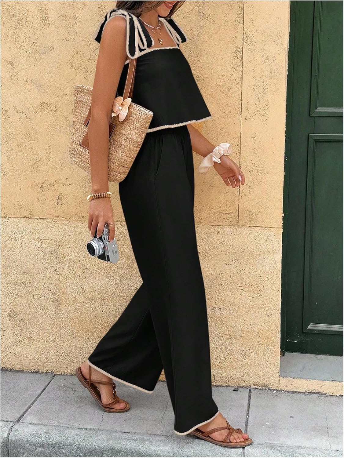 SOLY HUX Women's Summer Vacation 2 Piece Set Tie Shoulder Crop Top and Pants Travel Outfits - Image 4