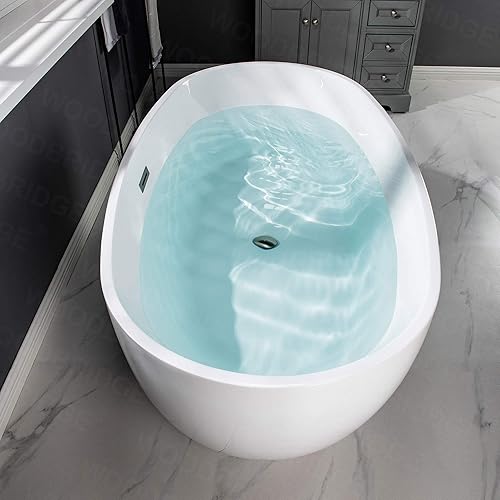Miniatura 11 de WOODBRIDGE Bañera de acrílico independiente de 59 pulgadas, bañera blanca de remojo contemporáneo con desbordamiento y drenaje de níquel cepillado,