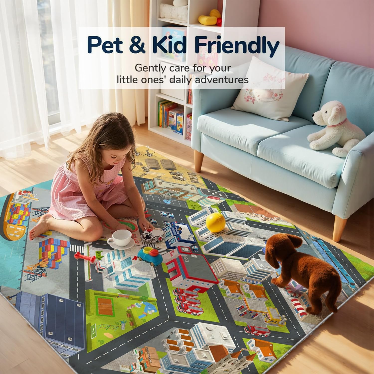 Nayoroom Harbour City Road Car Play Rug - 3x5ft Kids Carpet with Interactive City Map Design, Non-Slip Faux Wool Educational Rug for Kids, Bedroom Playroom Gift.