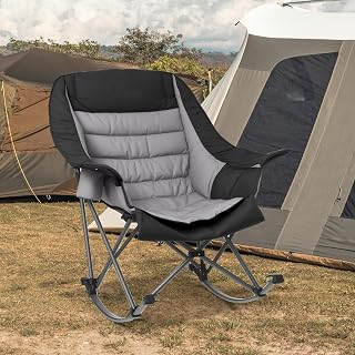 SUWT Oversized Rocking Camping Chair for Adults, 400lbs Padded Foldable Outdoor Rocker Chair with Cup Holder & Side Pocket, Reinforced Steel Frame Portable Chair for Camping Garden (Black & Gray)