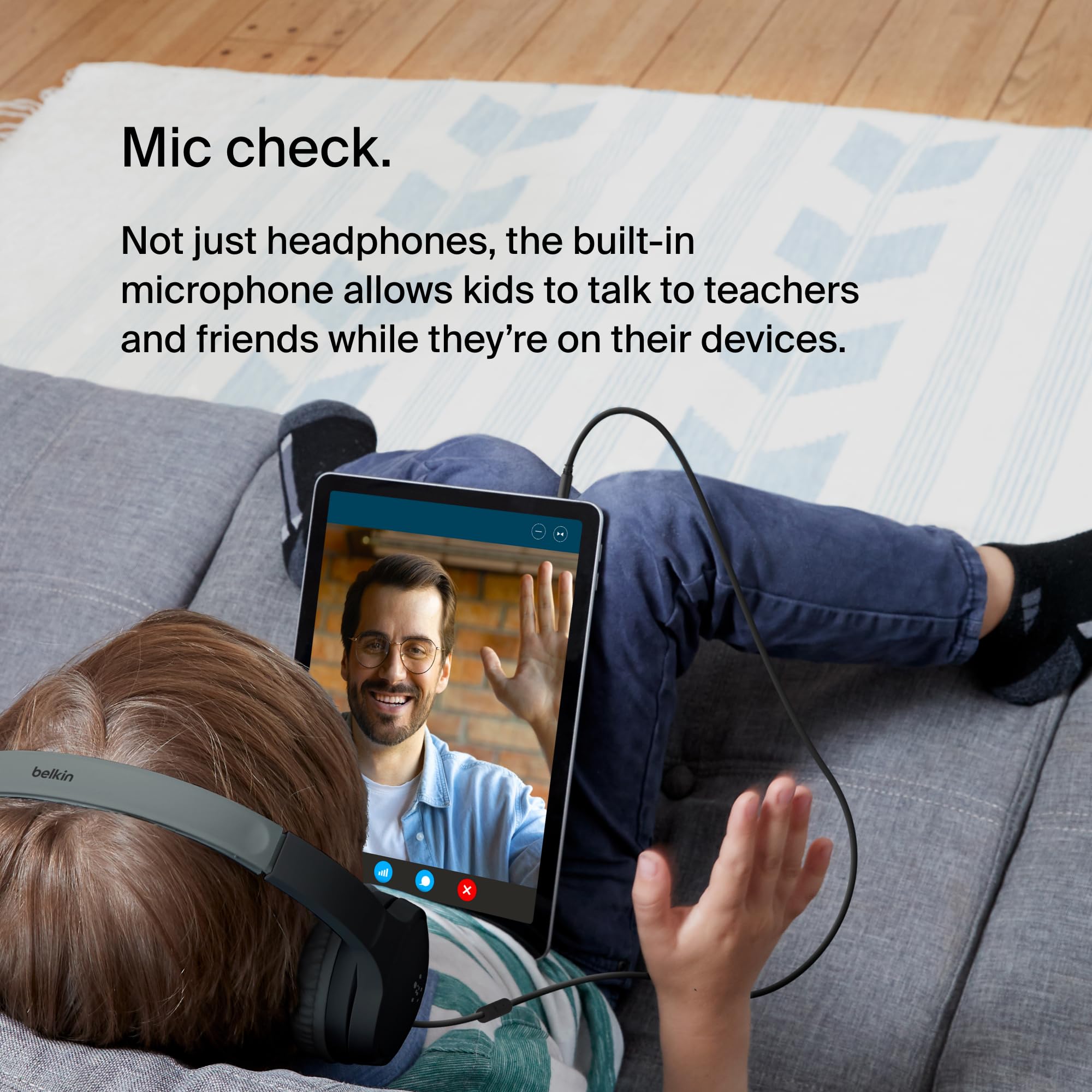 Belkin SoundForm Mini przewodowe słuchawki nauszne dla dzieci, słuchawki dla dzieci z mikrofonem liniowym do nauki zdalnej, szkoły, podróży, grania, do urządzeń zgodnych z gniazdem 3,5 mm niebieskie