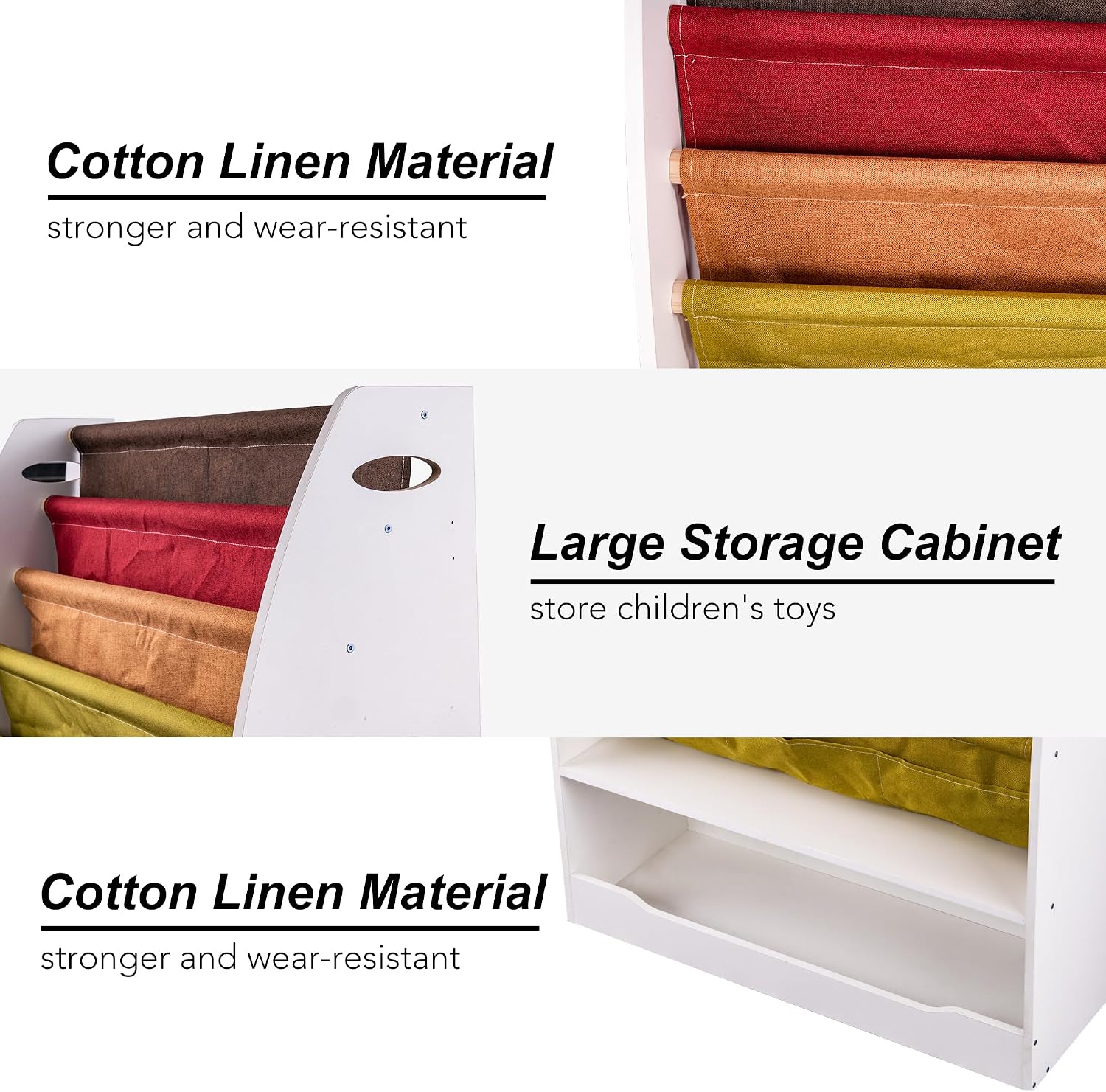 Kids Bookshelf and Toy Storage - 4-Tier Sling Book Organizer with Colorful Fabric Bins, Montessori Bookcase for Nursery, Toddler Bookshelf for Picture Books & Toys, White (28.54 x 11 x 33.58 Inches)