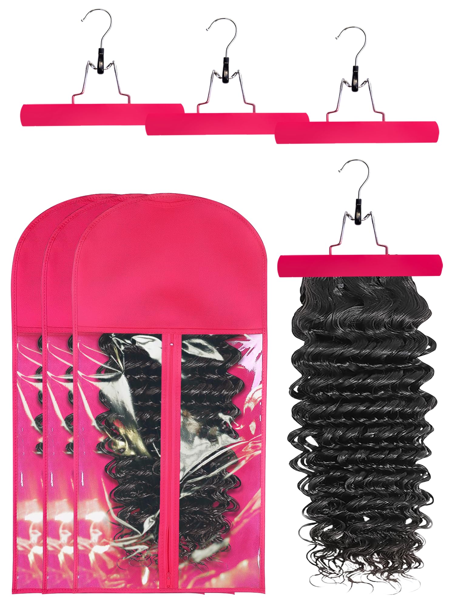 3 Pcs Hair Wig Extension Storage Bag, Hair Extensions Holder with Hanger, 11.4 * 23.6 inches, Portable Wig Bags Storage with Transparent Zipper Closure (Rose)