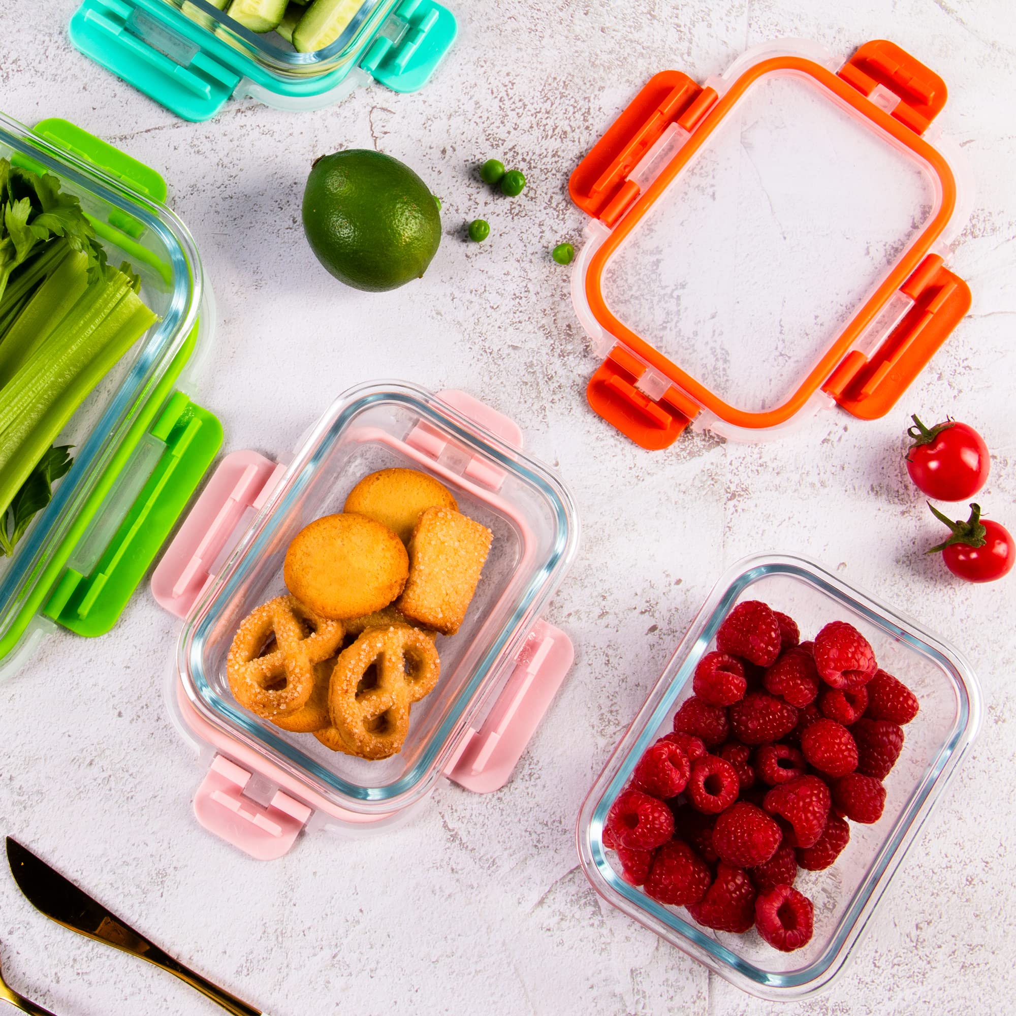 Confezione da 10 contenitori per alimenti in vetro, ermetici per la preparazione dei pasti con coperchio, contenitori in vetro, adatti al microonde e alla lavastoviglie, 5 colori