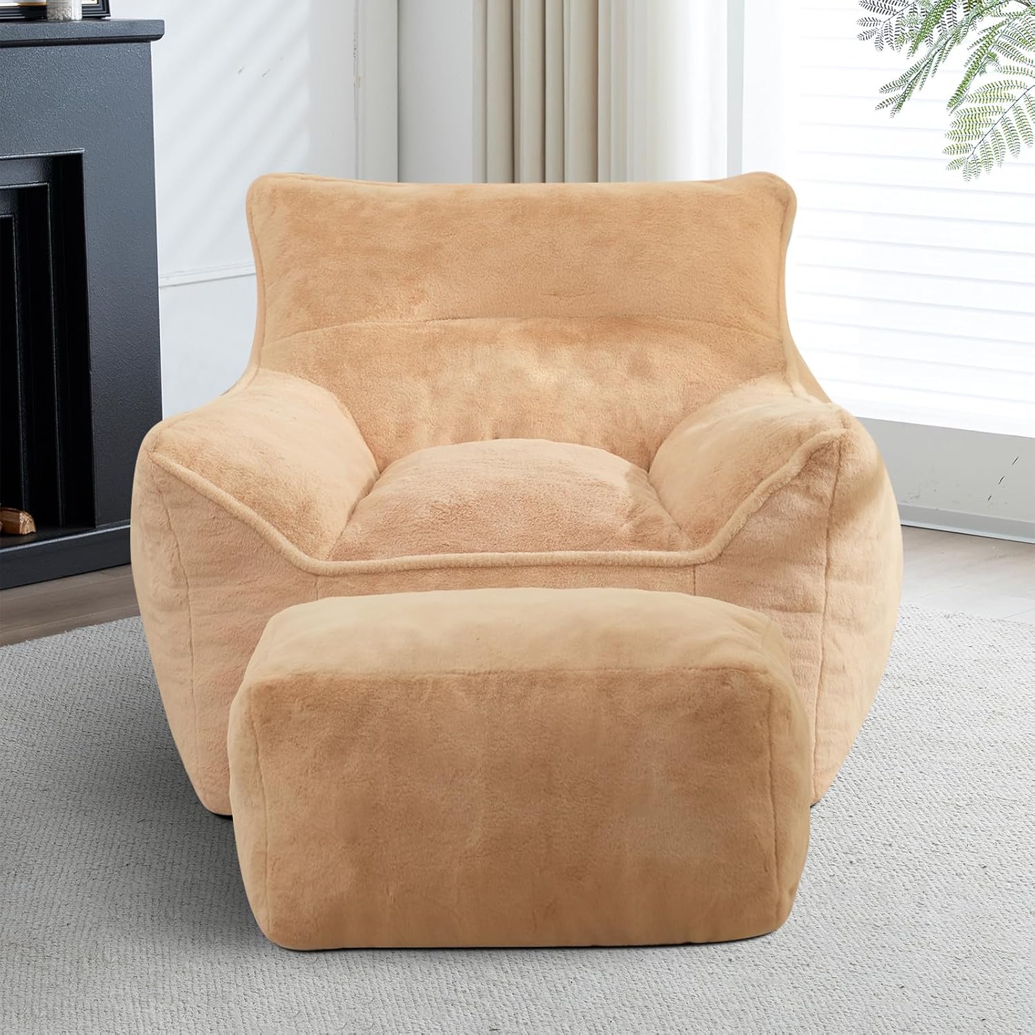Bean Bag Chair, Bean Bag Chair with Ottoman, Big Beanbag Chair with Filling, Large Beanbag Chair with Filler for Living Room (Faux Fur in Khaki, 38.15" Wx40 Dx30 H)