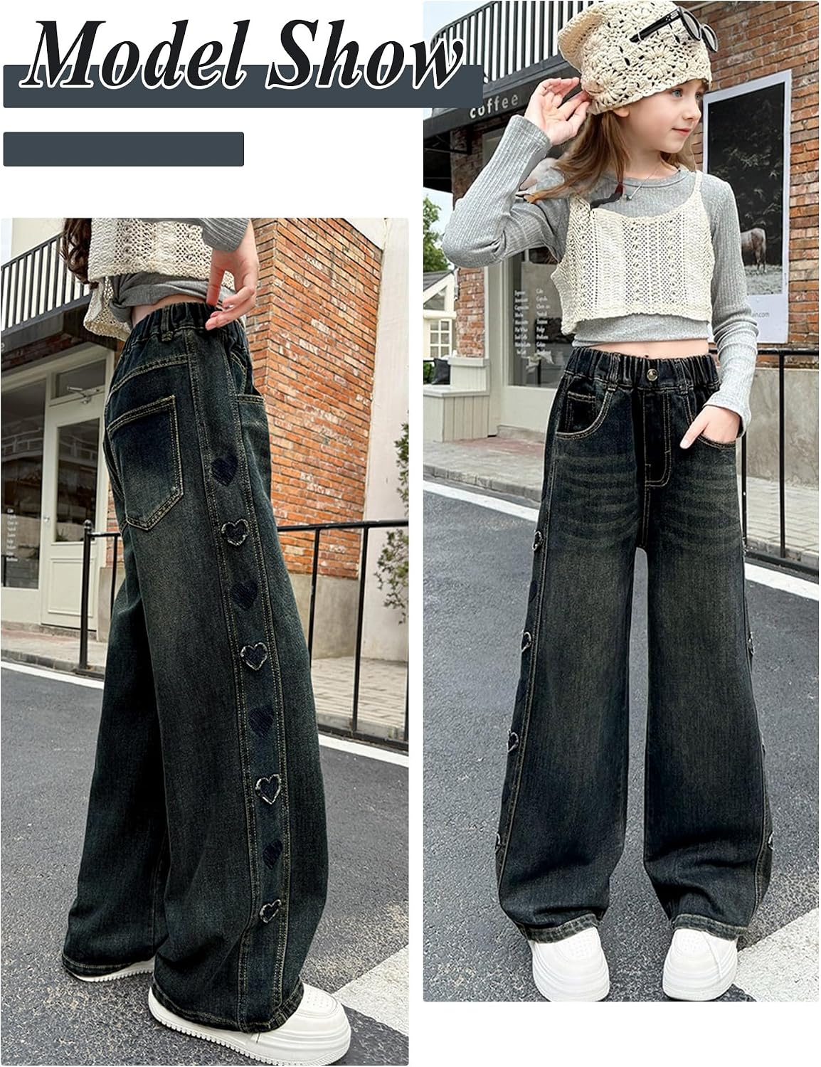SEAUR Girls Baggy Cute Jeans Teen Wide Leg Flare Pants Denim Hip Hop Teen Y2K High Waist Sweatpants 5-13 Years
