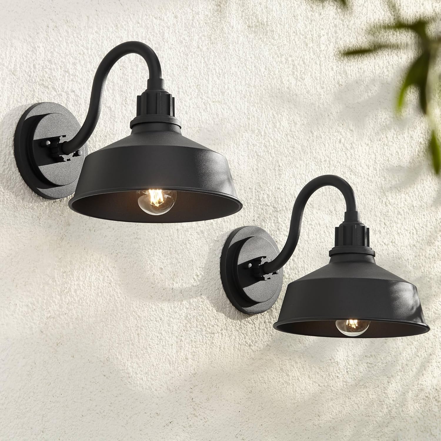 Franklin Iron Works Arnett Rustic Industrial Outdoor Wall Light Fixtures Set of 2 Black Metal Gooseneck Arm 10" Downlight Shade for Post Exterior Barn Deck House Porch Yard Patio Garage Garden
