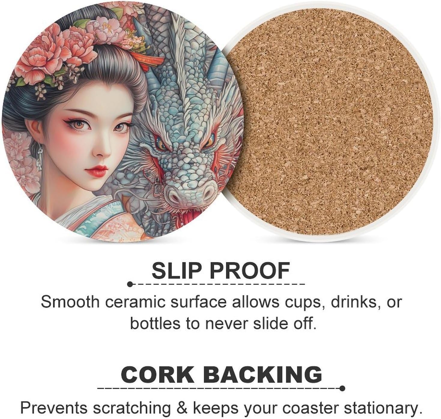 Geisha Woman and Dragon Funny Round Ceramic Coasters for Drink Absorbent Cup Holders Tabletop Protection