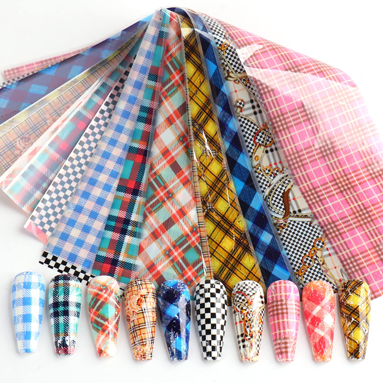 Photo 1 of 3-Pack Publi 10 Pcs Chessboard Nail Art Foil Transfers Stickers Lattice Line Nail Art Decals Holographic Starry Sky Design for Acrylic Nail Supplies Manicure Decorations