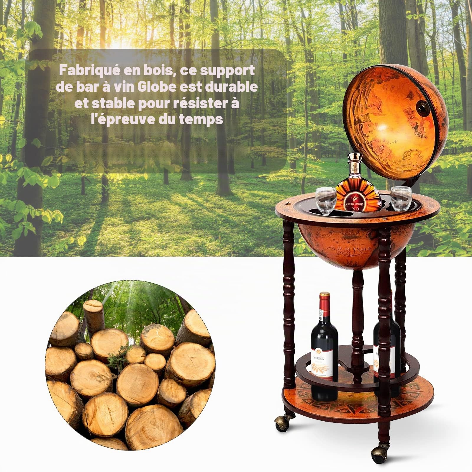 Costway Globe Bar avec Roues Mobile Porte Liqueurs, Dessin innovant et Pratique, Marron, 88 x 45 x 45 cm