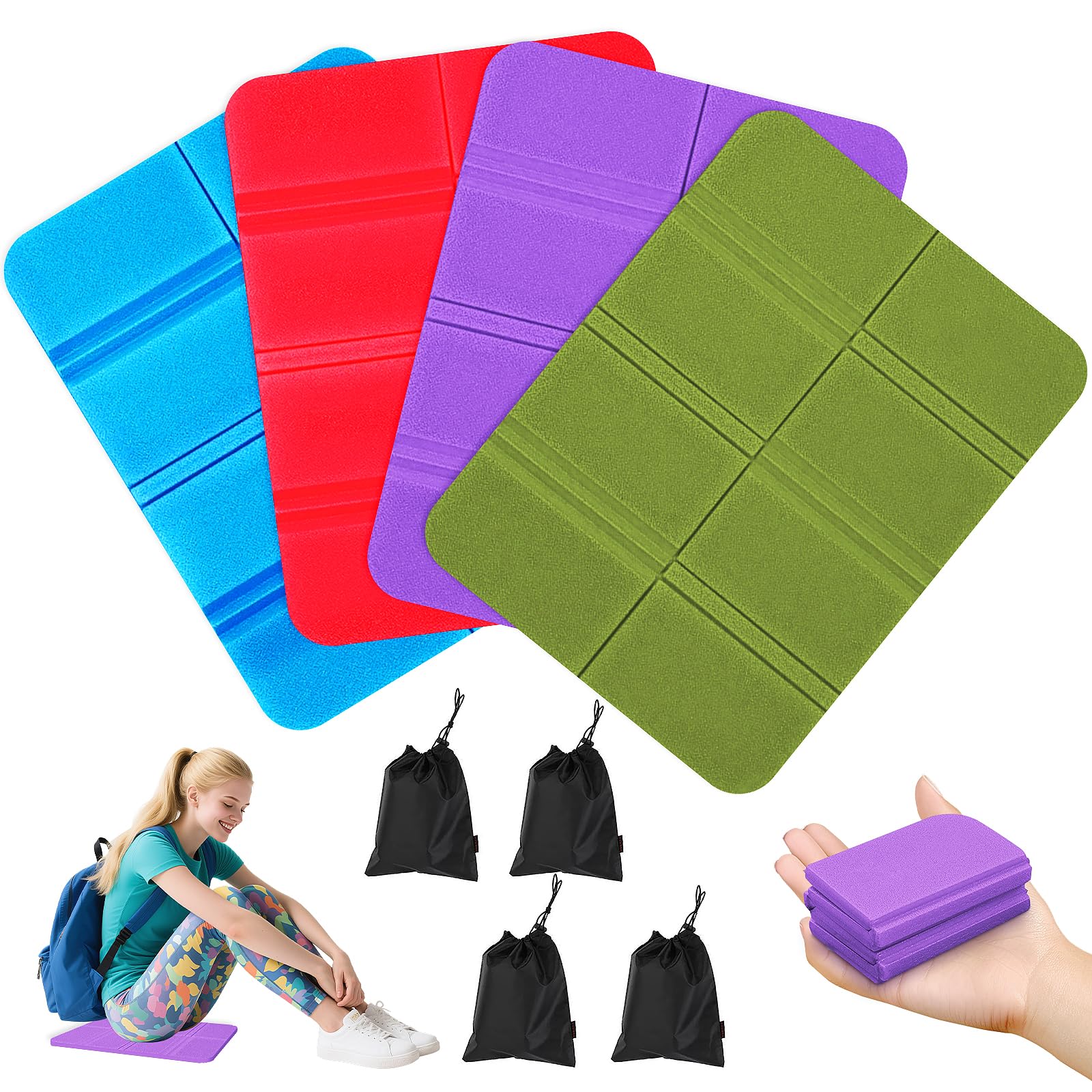 Nadisean 4er Pack Sitzkissen Outdoor Faltbar, 4 Farben Sitzunterlage Outdoor Wetterfest, Thermo Sitzkissen Faltbar mit 4 Aufbewahrungstasche, Sitzmatte Outdoor für Wandern Tribüne Picknick Camping