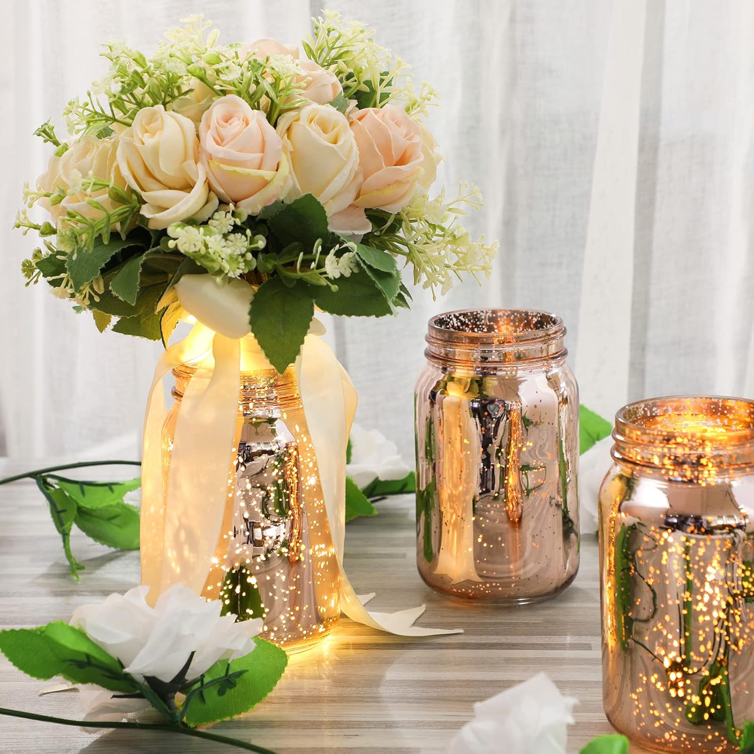12 Pcs Decorative Mason Jars 16oz Painted Wide Mason Jars for Table Centerpiece DIY Home Decoration Birthday Housewarming Party Wedding Favor(Rose Gold)