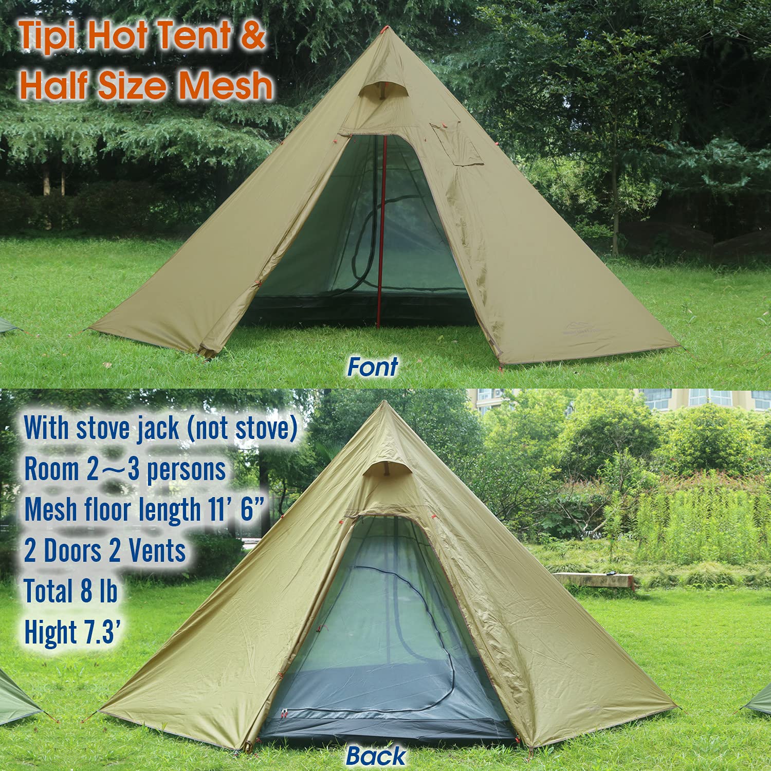 Namiot Tipi dla 4 osób, lekki (2,3 kg) z otworem na piecyk, wysokość 220 cm, namiot tipi do polowań, biwaków rodzinnych, wypraw zespołowych, kempingu i wędrówek